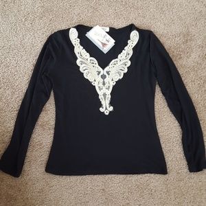 NWT Black long sleeve top with gold lace v-neck